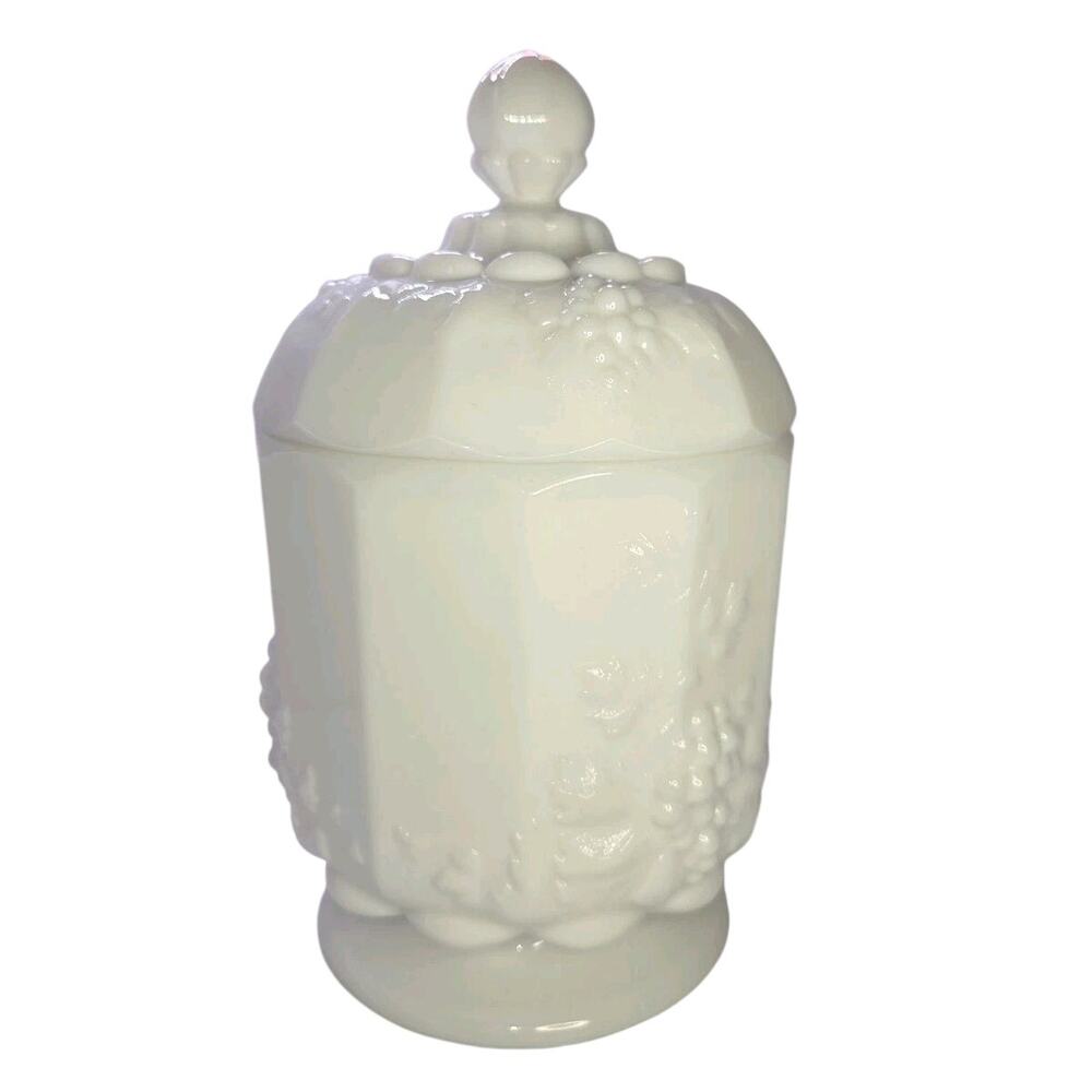 Vintage Westmoreland Paneled Grape Milk Glass Lidded Canister Candy Dish MCM